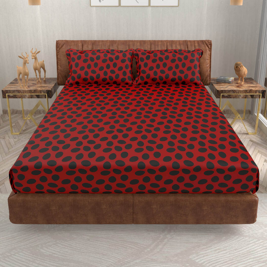 buy red and black polka dot super king size cotton bedsheets online – front view
